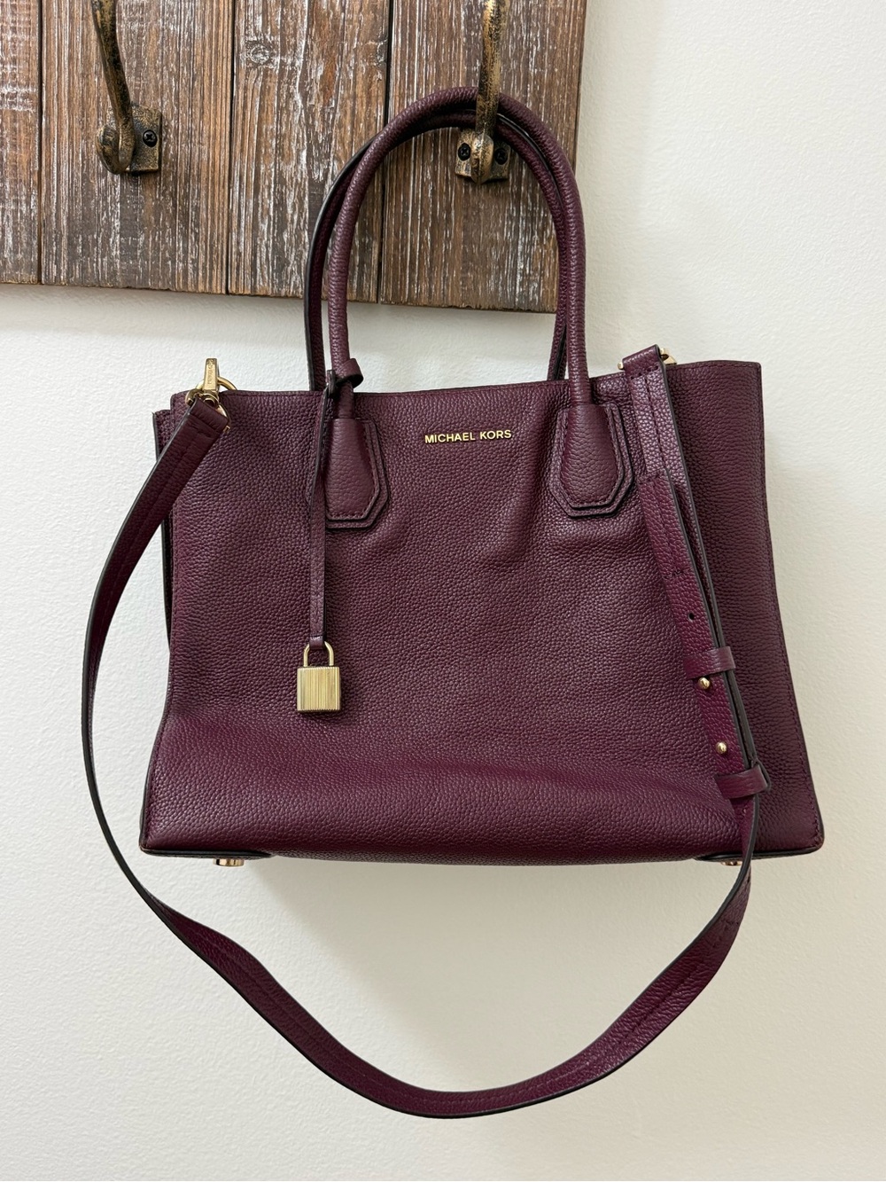 Michael Kors Plum Pebbled Leather Satchel with Gold Hardware